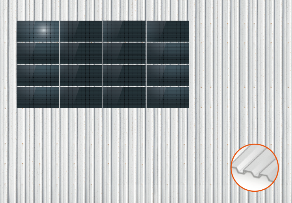 ClickFit EVO Staaldak golfplaat met montageprofielen 4x4 landscape. 4 rijen van 4 panelen