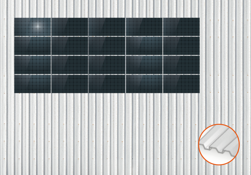 ClickFit EVO Staaldak golfplaat met montageprofielen 4x5 landscape. 4 rijen van 5 panelen