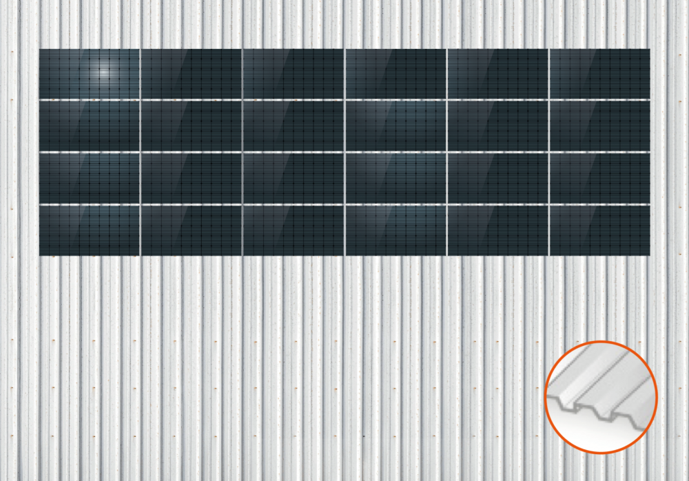 ClickFit EVO Staaldak trapezium-damwand met montageprofielen t.b.v. optimizers 4x6 landscape 4 rijen van 6 panelen