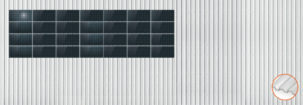 ClickFit EVO Staaldak golfplaat met montageprofielen 4x7 landscape. 4 rijen van 7 panelen