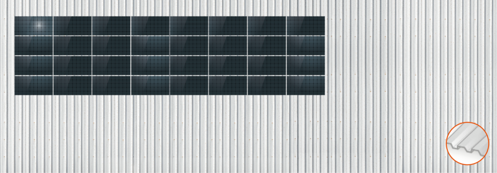 ClickFit EVO Staaldak golfplaat met montageprofielen 4x8 landscape. 4 rijen van 8 panelen