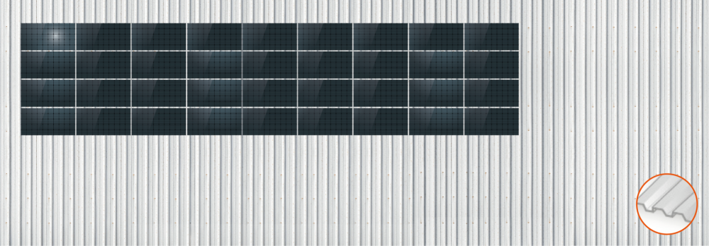 ClickFit EVO Staaldak golfplaat met montageprofielen 4x9 landscape. 4 rijen van 9 panelen