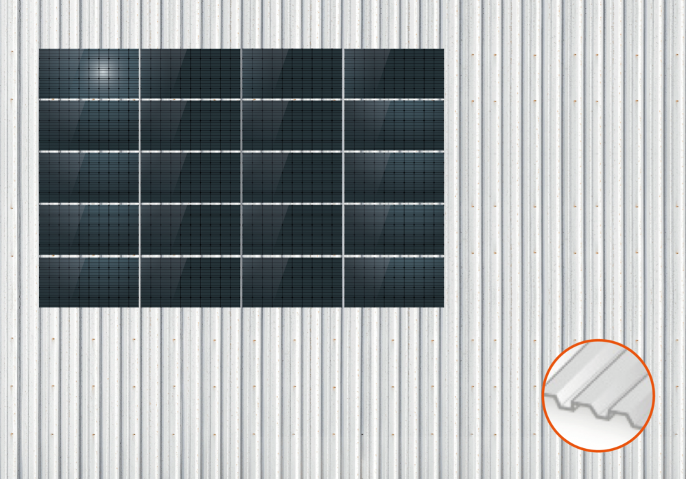 ClickFit EVO Staaldak trapezium-damwand met montageprofielen t.b.v. optimizers 5x4 landscape 5 rijen van 4 panelen