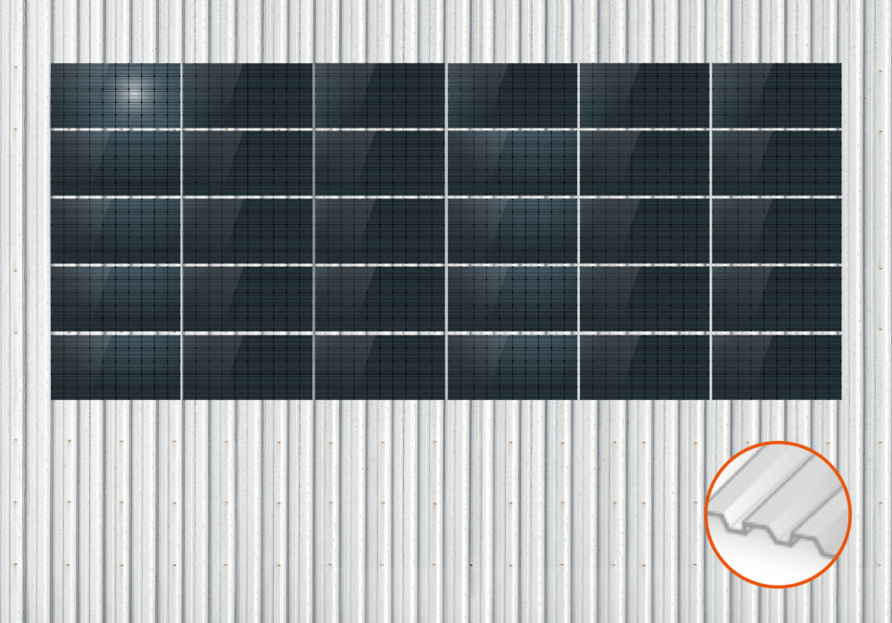 ClickFit EVO Staaldak golfplaat met montageprofielen 5x6 landscape. 5 rijen van 6 panelen