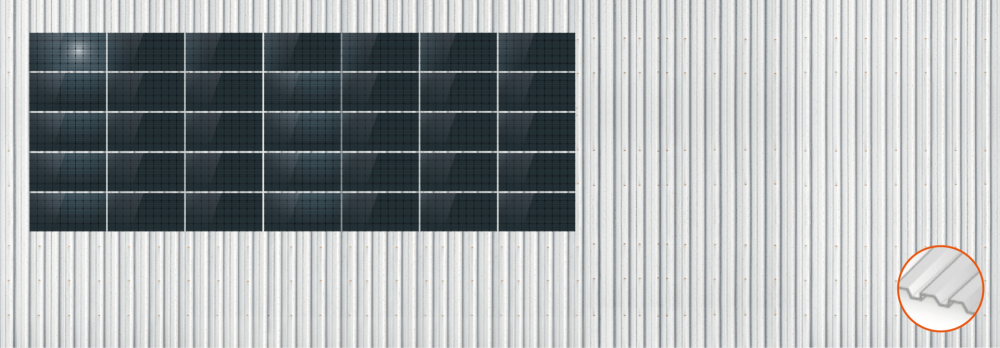 ClickFit EVO Staaldak trapezium-damwand met montageprofielen t.b.v. optimizers 5x7 landscape 5 rijen van 7 panelen