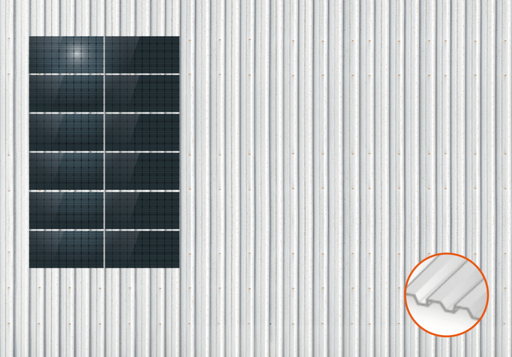 ClickFit EVO Staaldak golfplaat met montageprofielen 6x2 landscape. 6 rijen van 2 panelen
