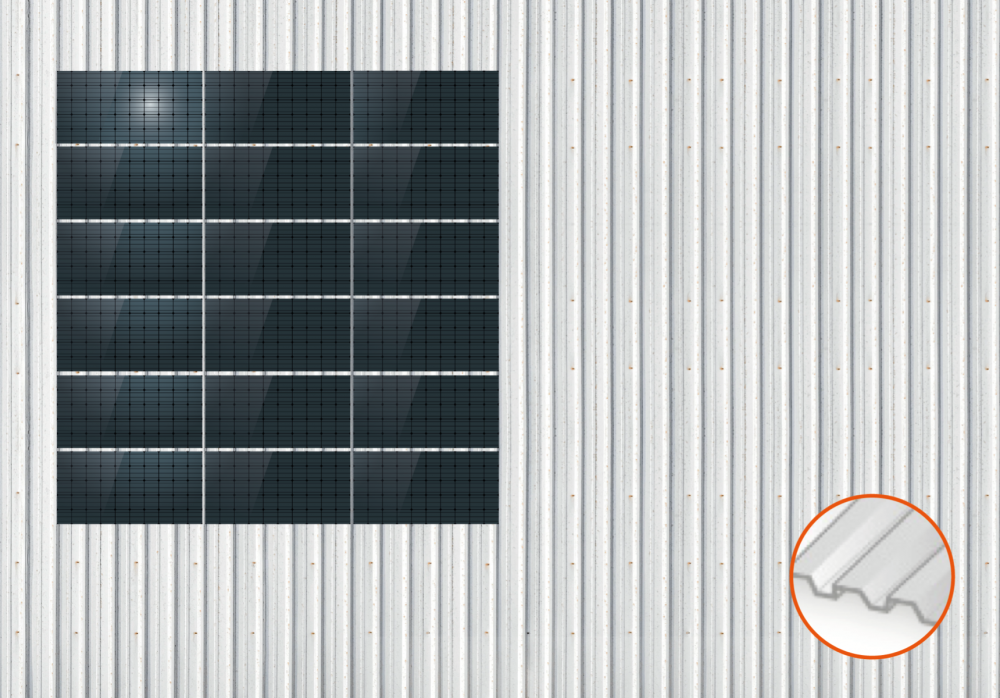 ClickFit EVO Staaldak trapezium-damwand met montageprofielen t.b.v. optimizers 6x3 landscape 6 rijen van 3 panelen