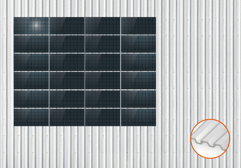 ClickFit EVO Staaldak trapezium-damwand met montageprofielen t.b.v. optimizers 6x4 landscape 6 rijen van 4 panelen