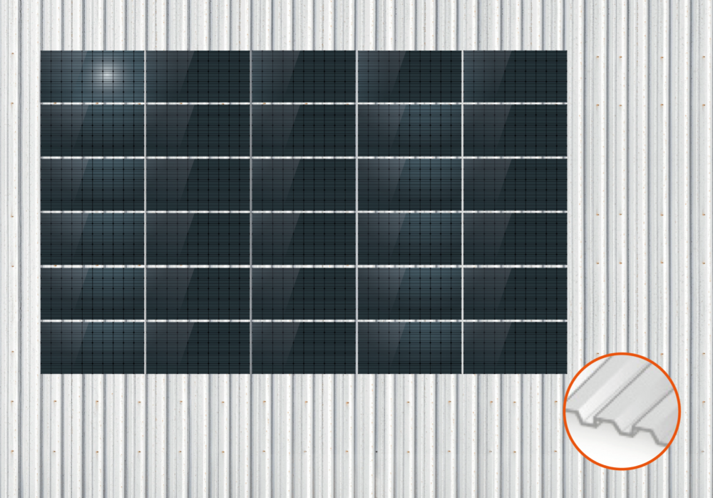 ClickFit EVO Staaldak golfplaat met montageprofielen 6x5 landscape. 6 rijen van 5 panelen