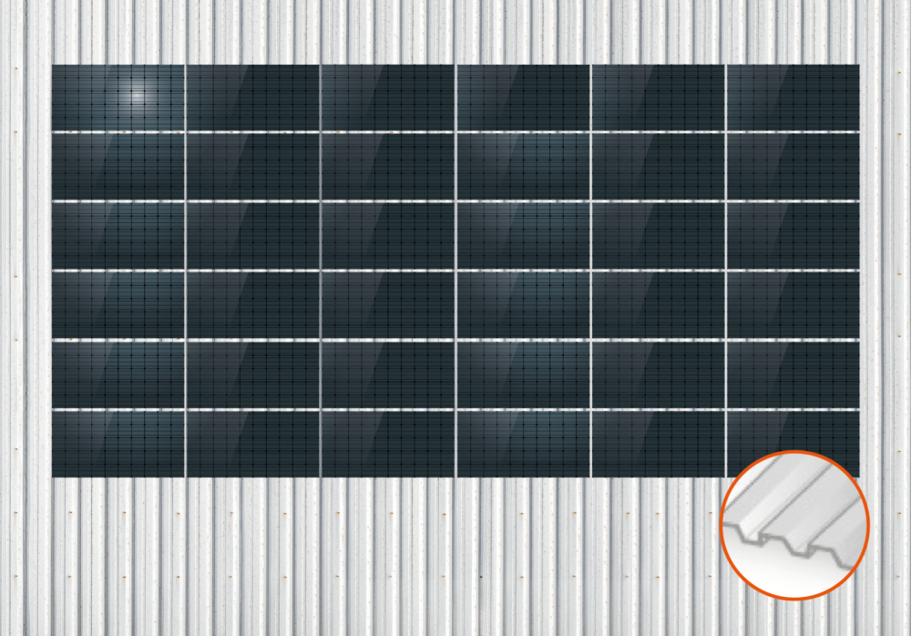 ClickFit EVO Staaldak trapezium-damwand met montageprofielen t.b.v. optimizers 6x6 landscape 6 rijen van 6 panelen