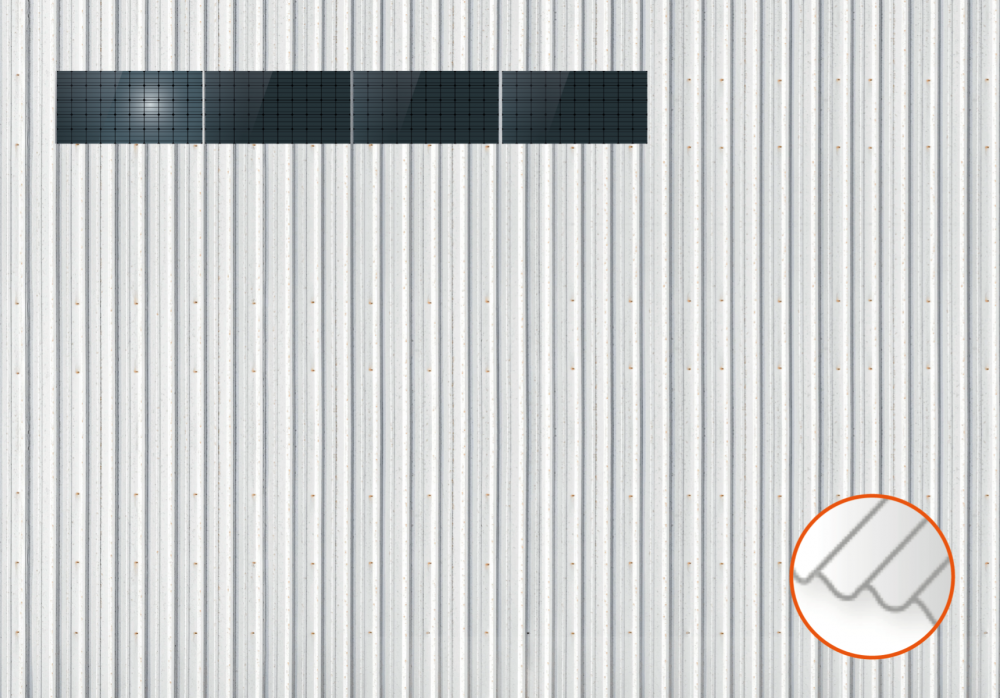 ClickFit EVO Staaldak trapezium-damwand met montageprofielen 1x4 landscape. 1 rij van 4 panelen