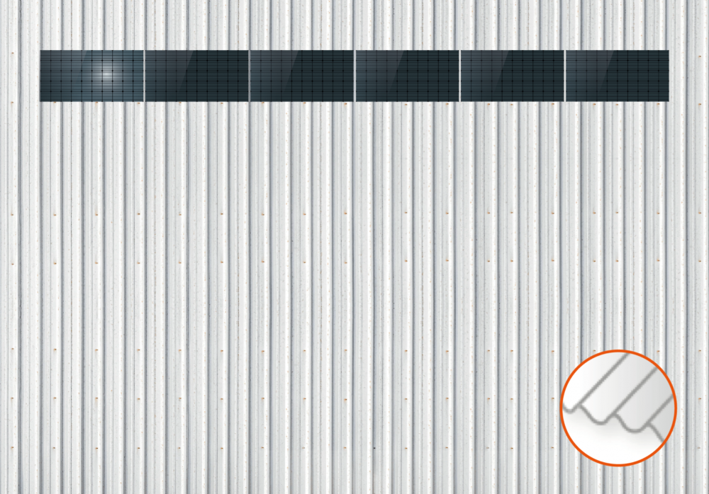 ClickFit EVO Staaldak trapezium-damwand met montageprofielen 1x6 landscape. 1 rij van 6 panelen