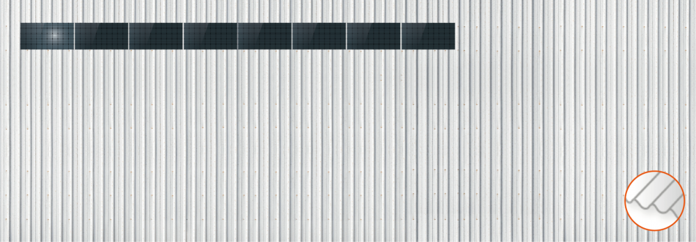 ClickFit EVO Staaldak trapezium-damwand met montageprofielen 1x8 landscape. 1 rij van 8 panelen