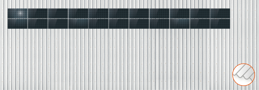 ClickFit EVO Staaldak trapezium-damwand met montageprofielen 2x11 landscape. 2 rijen van 11 panelen