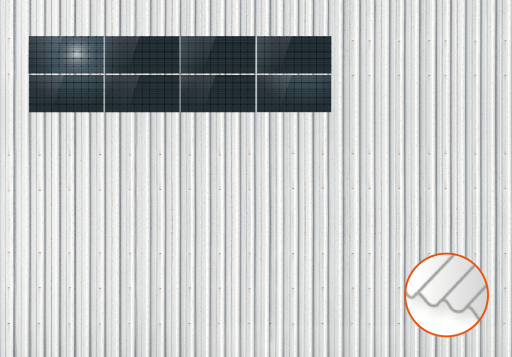ClickFit EVO Staaldak trapezium-damwand met montageprofielen 2x4 landscape. 2 rijen van 4 panelen
