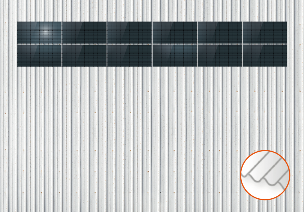 ClickFit EVO Staaldak trapezium-damwand met montageprofielen 2x6 landscape. 2 rijen van 6 panelen