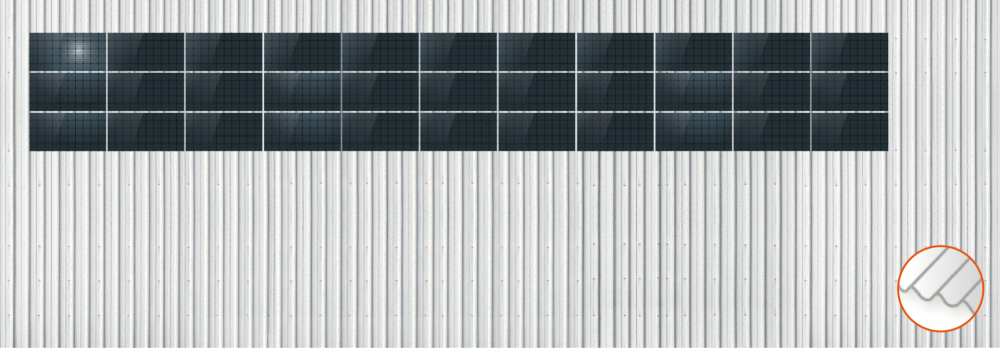 ClickFit EVO Staaldak trapezium-damwand met montageprofielen 3x11 landscape. 3 rijen van 11 panelen
