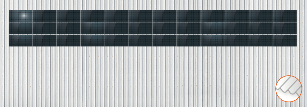 ClickFit EVO Staaldak trapezium-damwand met montageprofielen 3x12 landscape. 3 rijen van 12 panelen