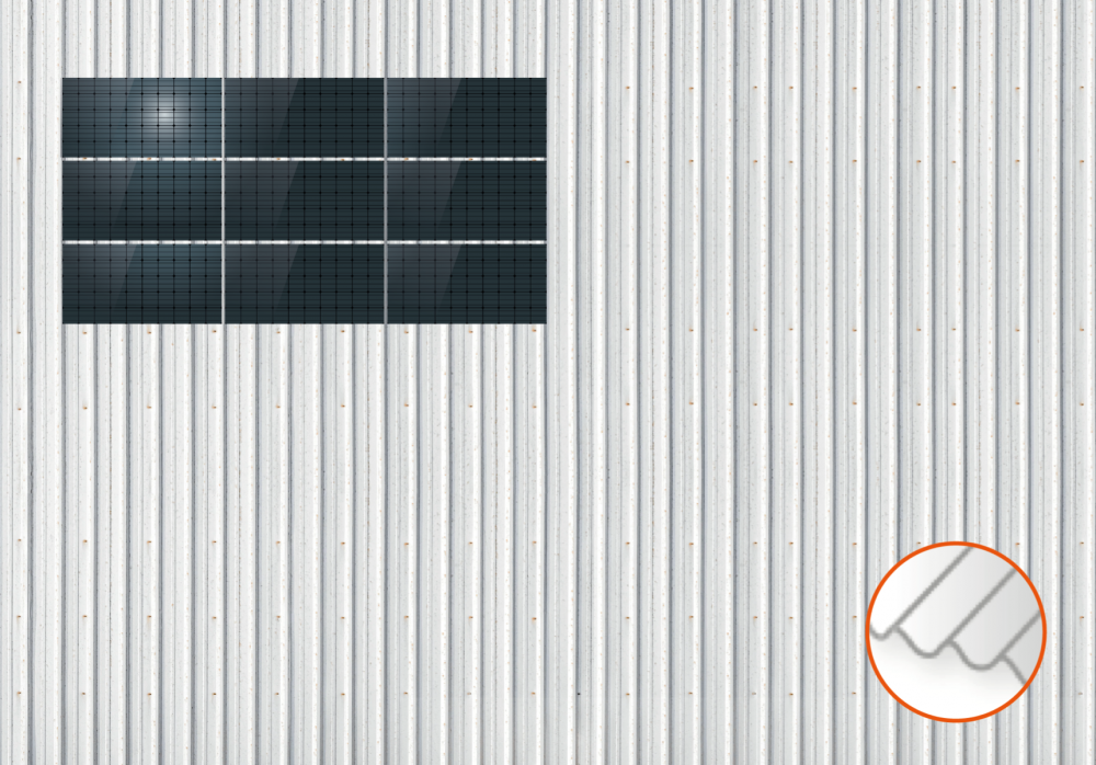 ClickFit EVO Staaldak trapezium-damwand met montageprofielen 3x3 landscape. 3 rijen van 3 panelen