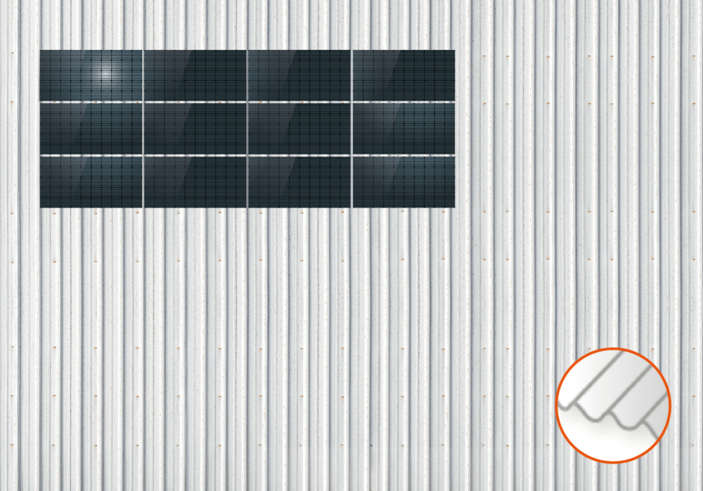 ClickFit EVO Staaldak trapezium-damwand met montageprofielen 3x4 landscape. 3 rijen van 4 panelen