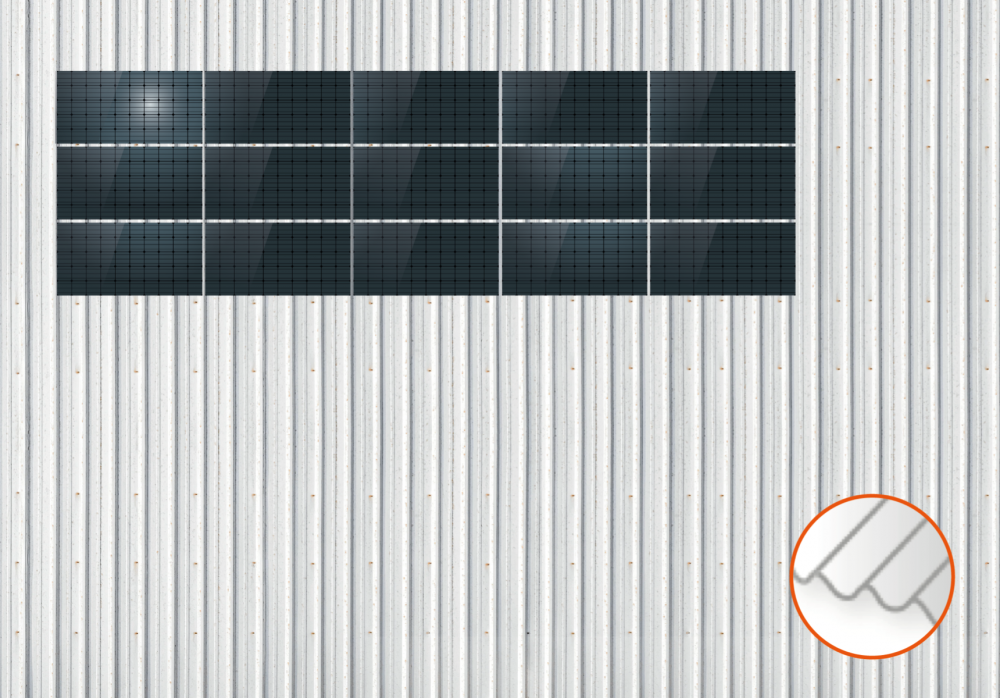 ClickFit EVO Staaldak trapezium-damwand met montageprofielen 3x5 landscape. 3 rijen van 5 panelen