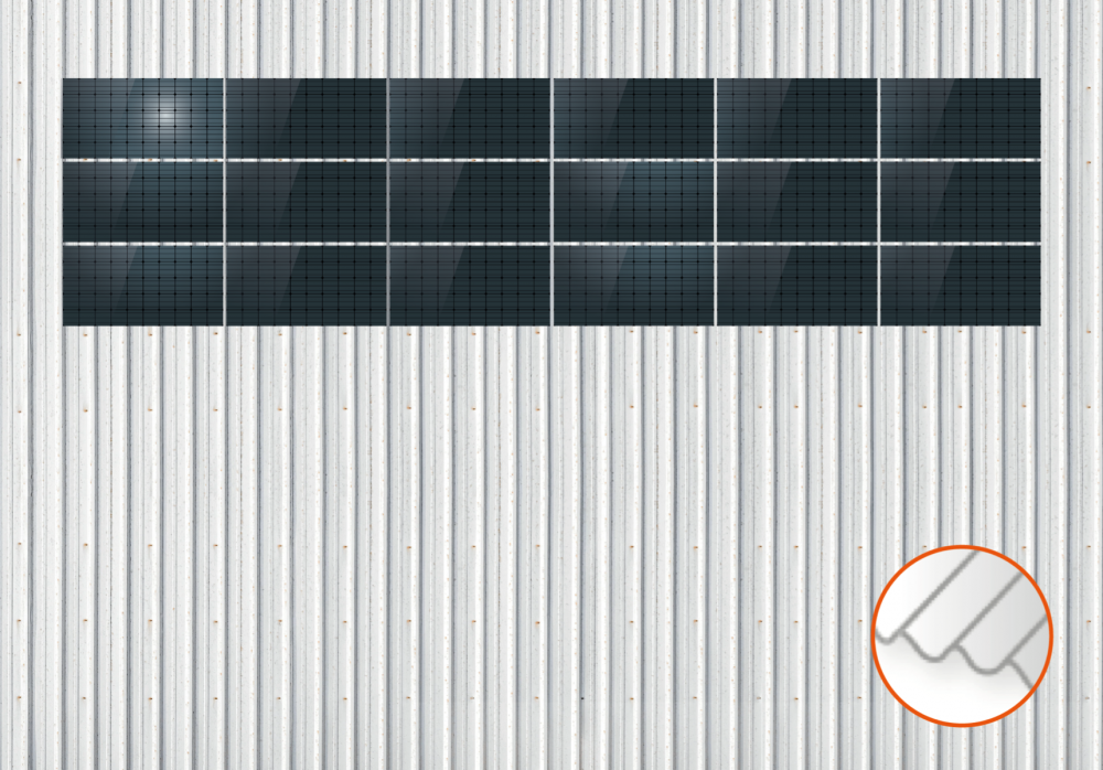 ClickFit EVO Staaldak trapezium-damwand met montageprofielen 3x6 landscape. 3 rijen van 6 panelen