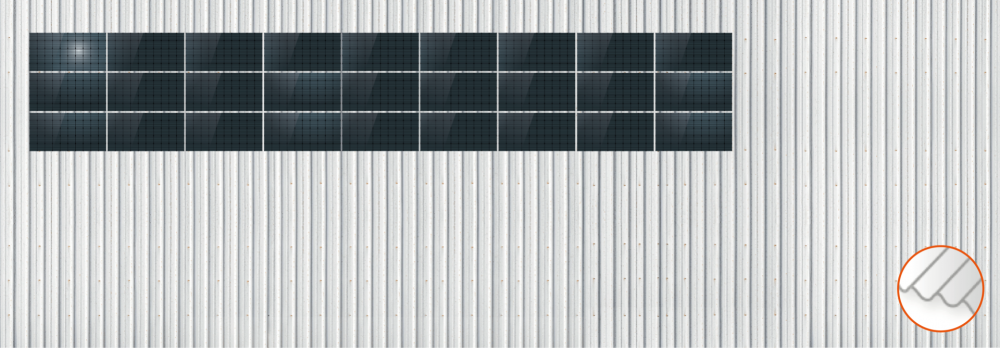 ClickFit EVO Staaldak trapezium-damwand met montageprofielen 3x9 landscape. 3 rijen van 9 panelen