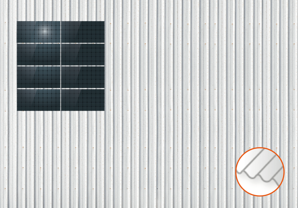 ClickFit EVO Staaldak trapezium-damwand met montageprofielen 4x2 landscape. 4 rijen van 2 panelen
