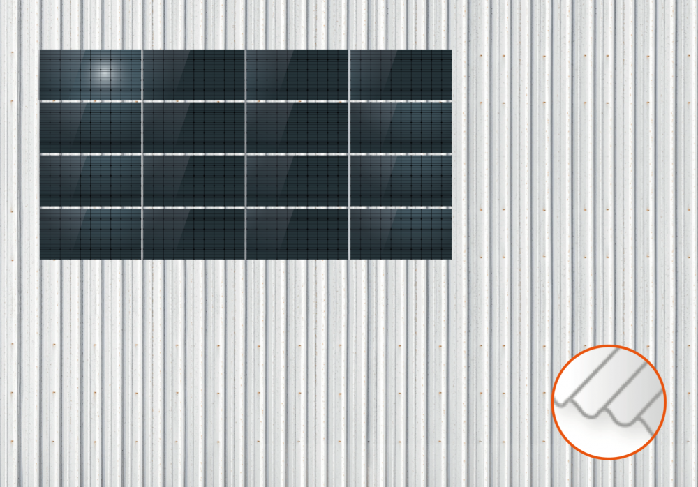 ClickFit EVO Staaldak trapezium-damwand met montageprofielen 4x4 landscape. 4 rijen van 4 panelen
