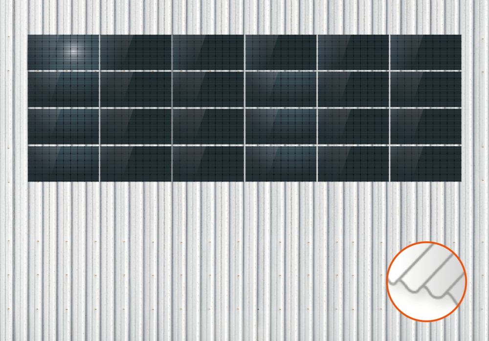 ClickFit EVO Staaldak trapezium-damwand met montageprofielen 4x6 landscape. 4 rijen van 6 panelen