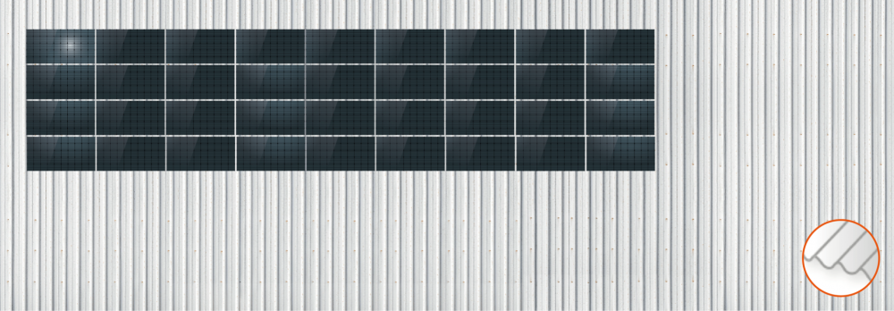 ClickFit EVO Staaldak trapezium-damwand met montageprofielen 4x9 landscape. 4 rijen van 9 panelen