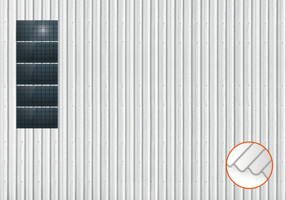 ClickFit EVO Staaldak trapezium-damwand met montageprofielen 5x1 landscape. 5 rijen van 1 paneel