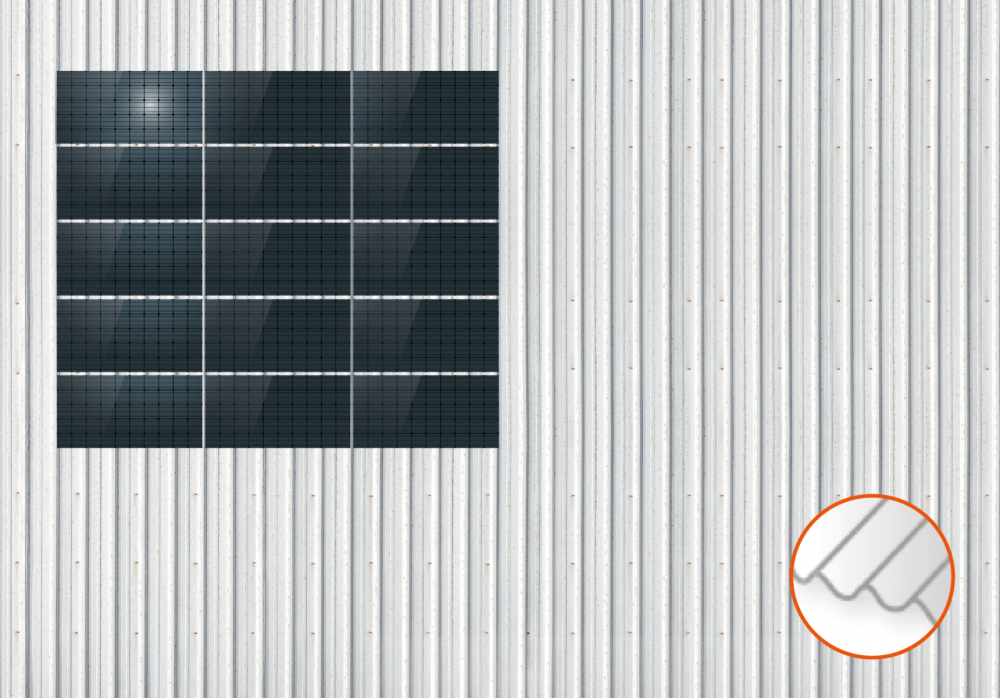 ClickFit EVO Staaldak trapezium-damwand met montageprofielen 5x3 landscape. 5 rijen van 3 panelen