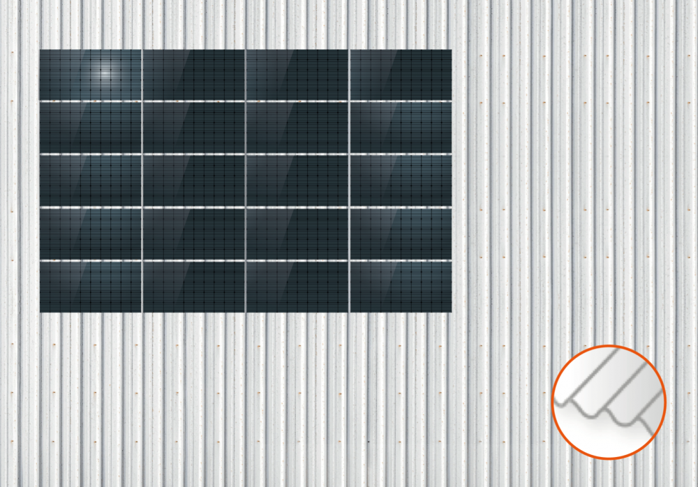 ClickFit EVO Staaldak trapezium-damwand met montageprofielen 5x4 landscape. 5 rijen van 4 panelen