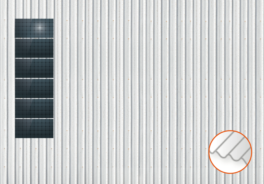 ClickFit EVO Staaldak trapezium-damwand met montageprofielen 6x1 landscape. 6 rijen van 1 paneel