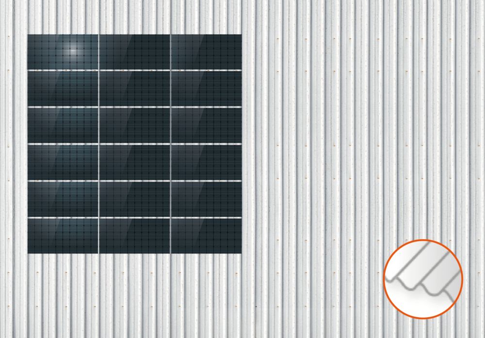 ClickFit EVO Staaldak trapezium-damwand met montageprofielen 6x3 landscape. 6 rijen van 3 panelen