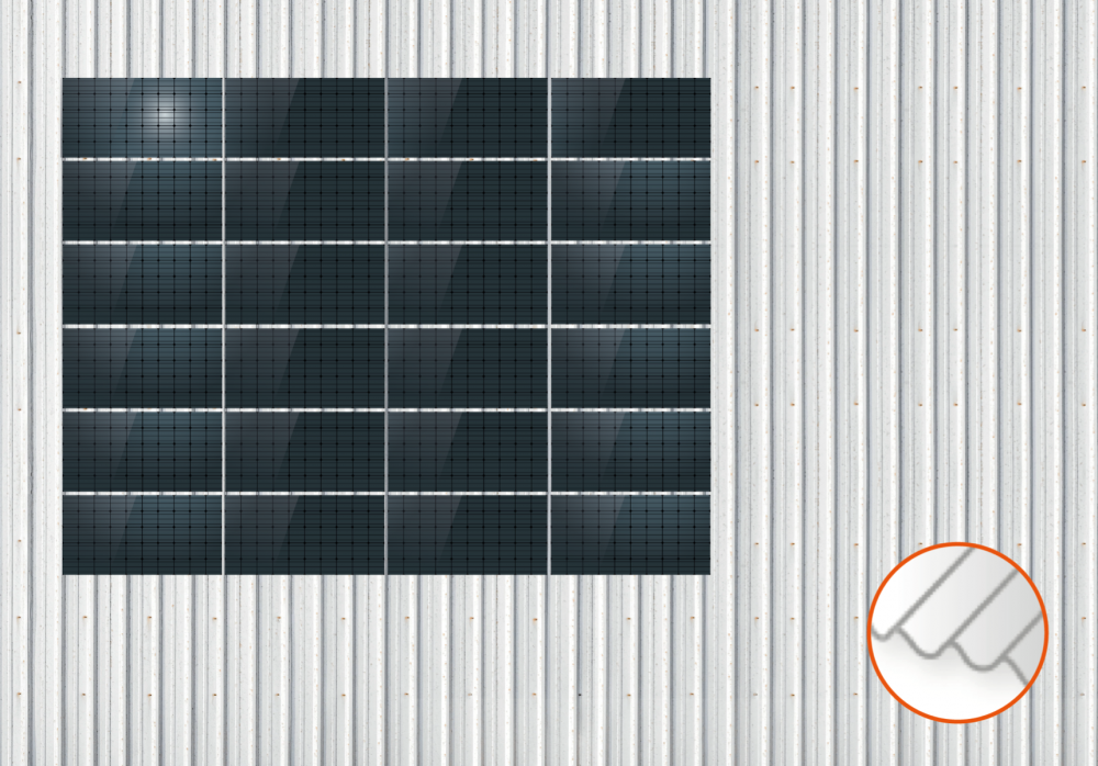 ClickFit EVO Staaldak trapezium-damwand met montageprofielen 6x4 landscape. 6 rijen van 4 panelen