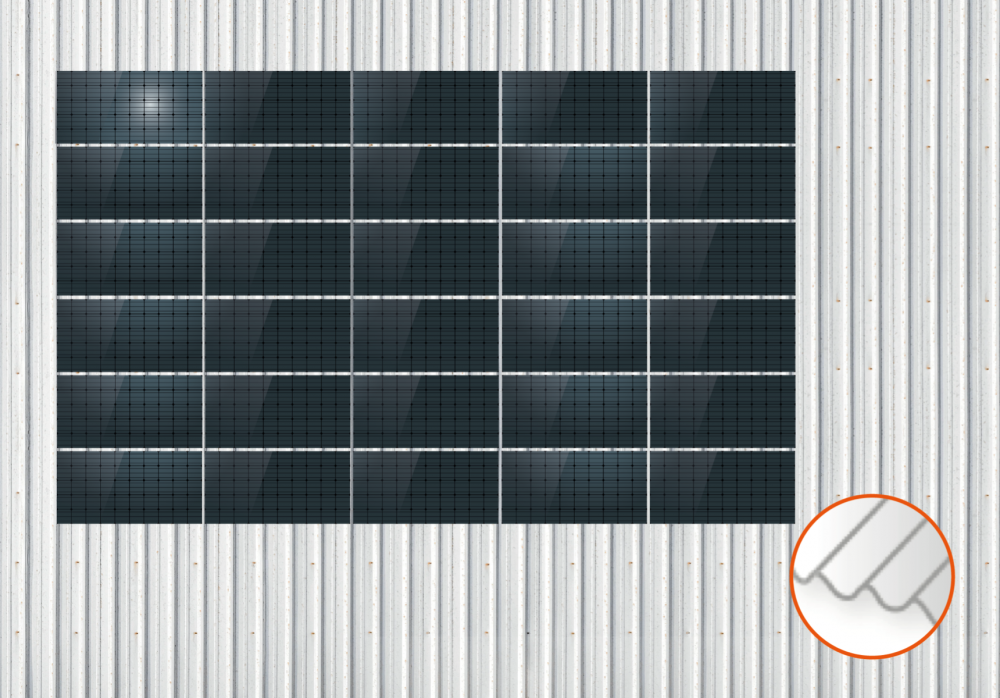 ClickFit EVO Staaldak trapezium-damwand met montageprofielen 6x5 landscape. 6 rijen van 5 panelen
