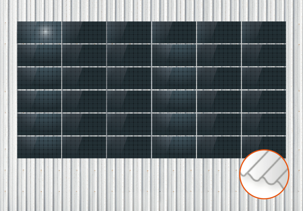 ClickFit EVO Staaldak trapezium-damwand met montageprofielen 6x6 landscape. 6 rijen van 6 panelen