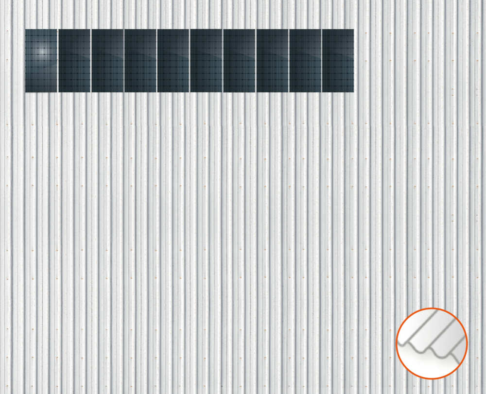ClickFit EVO Staaldak trapezium-damwand met montageprofielen 1x10 portrait. 1 rij van 10 panelen