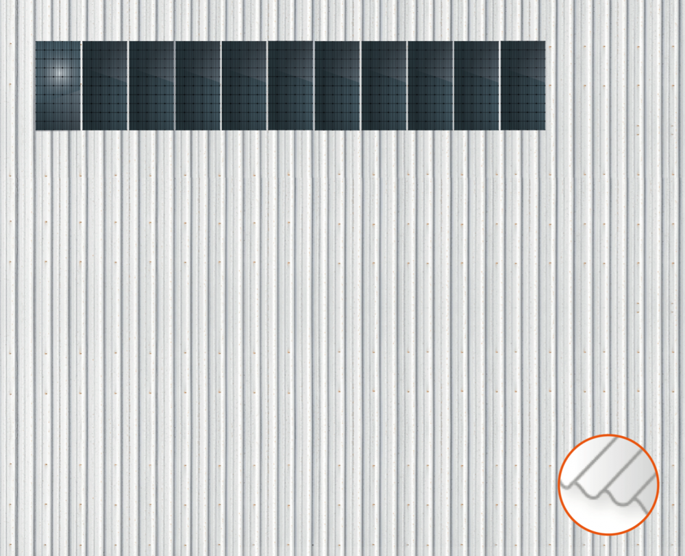 ClickFit EVO Staaldak trapezium-damwand met montageprofielen 1x11 portrait. 1 rij van 11 panelen