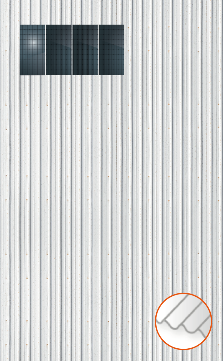 ClickFit EVO Staaldak trapezium-damwand met montageprofielen 1x4 portrait. 1 rij van 4 panelen