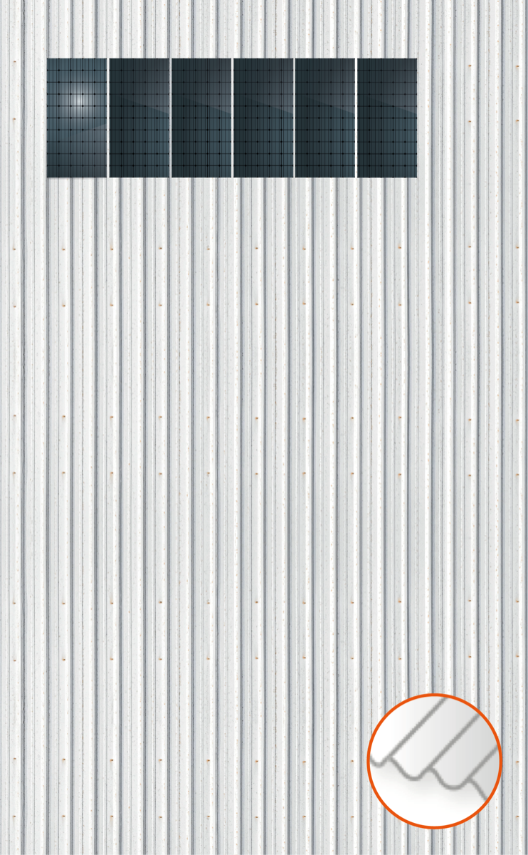 ClickFit EVO Staaldak trapezium-damwand met montageprofielen 1x6 portrait. 1 rij van 6 panelen