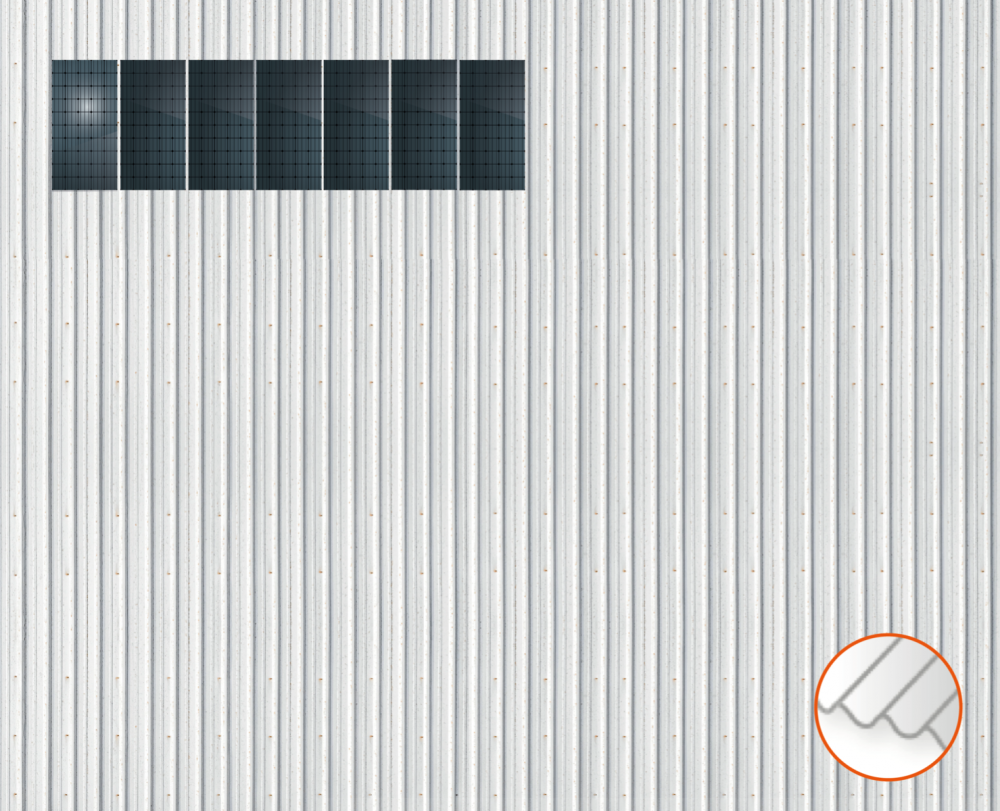 ClickFit EVO Staaldak trapezium-damwand met montageprofielen 1x7 portrait. 1 rij van 7 panelen
