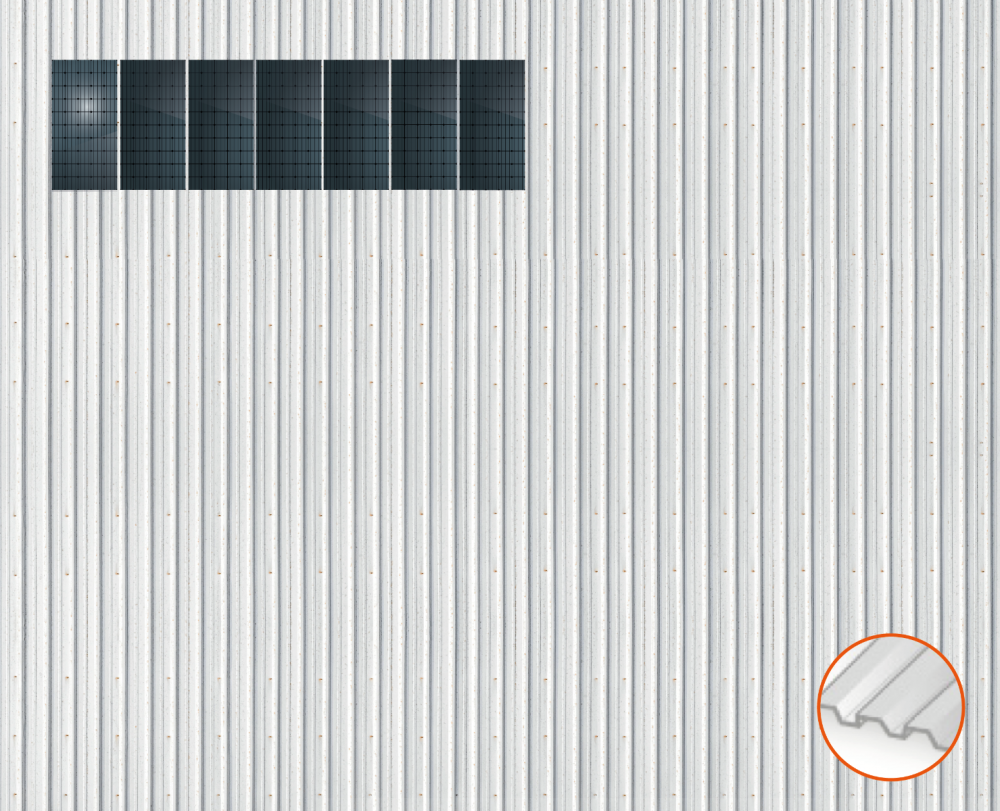 ClickFit EVO Staaldak trapezium-damwand met montageprofielen t.b.v. optimizers 1x7 landscape 1 rij van 7 panelen 