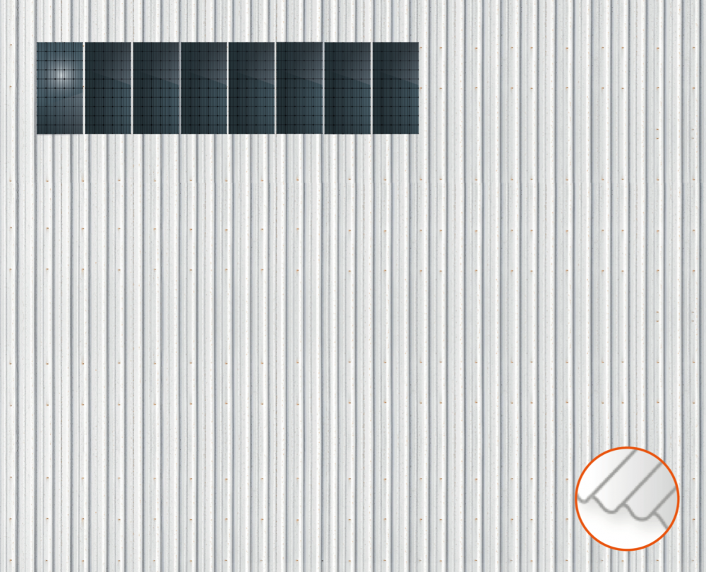 ClickFit EVO Staaldak trapezium-damwand met montageprofielen 1x8 portrait. 1 rij van 8 panelen