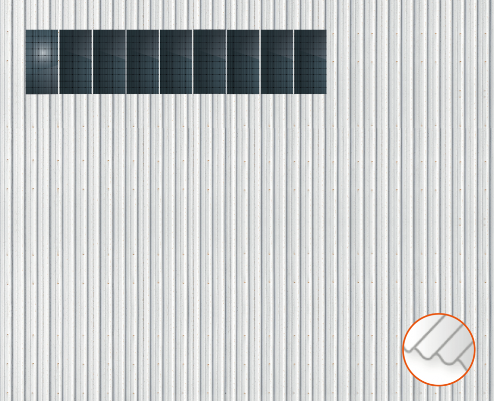 ClickFit EVO Staaldak trapezium-damwand met montageprofielen 1x9 portrait. 1 rij van 9 panelen