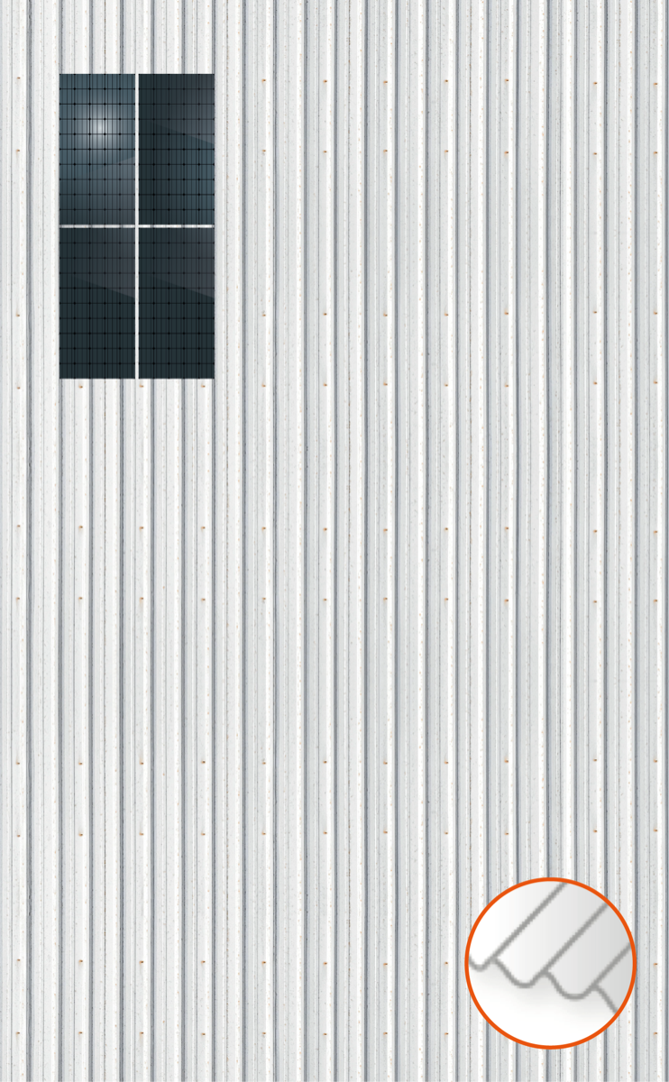 ClickFit EVO Staaldak trapezium-damwand met montageprofielen 2x2 portrait. 2 rijen van 2 panelen