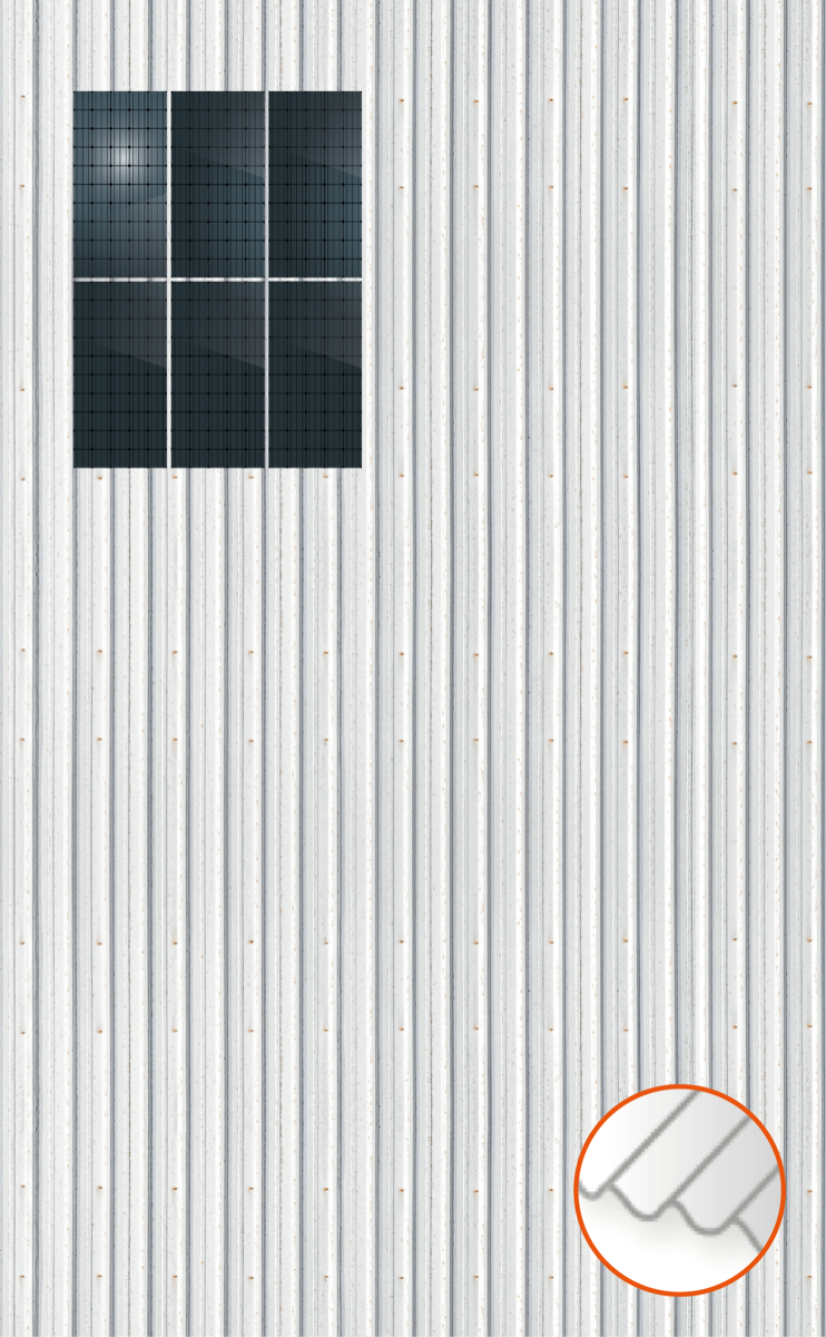 ClickFit EVO Staaldak trapezium-damwand met montageprofielen 2x3 portrait. 2 rijen van 3 panelen