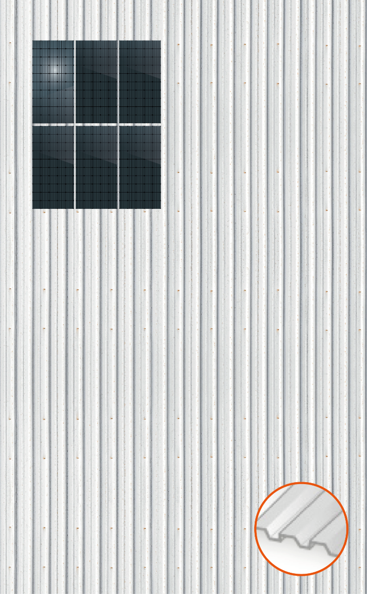 ClickFit EVO Staaldak trapezium-damwand met montageprofielen t.b.v. optimizers 2x3 Portrait 2 rijen van 3 panelen